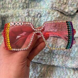 Handmade Light Pink Rainbow Rhinestone Sunglasses